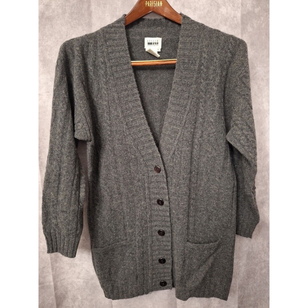 Vintage 90's Leslie Fay Cable Knit Lambswool Fisherman Cardigan Sz Small Grandpa